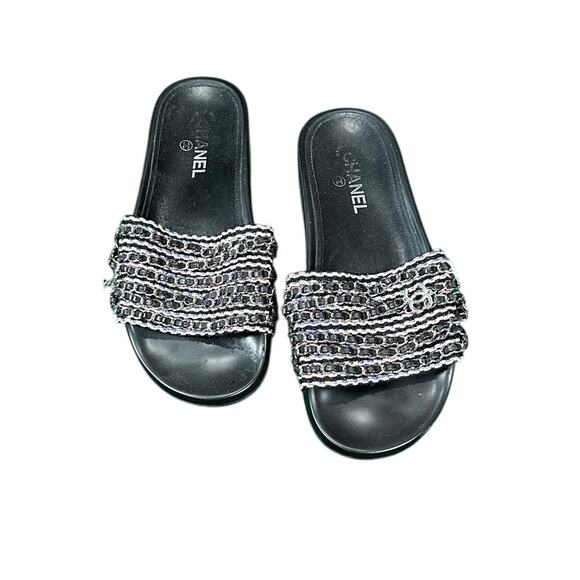 Chanel 2017 Interlocking CC Tweed Slides Chain Logo Sandals 41 - Picture 4 of 6